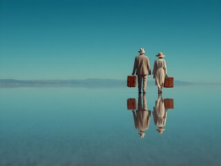 An elegant couple with suitcases strolls across the reflective salt flats on a serene and sunny journey.