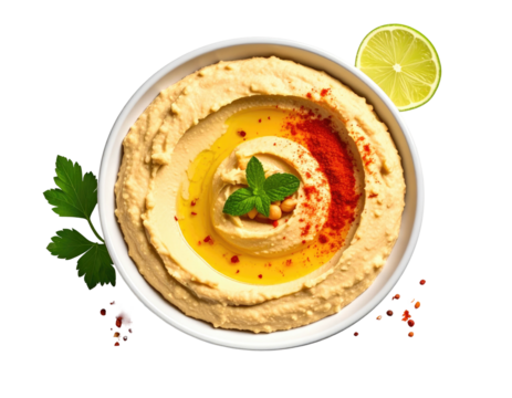 Creamy hummus swirl in white bowl, garnished with herbs, paprika, oil, and lime