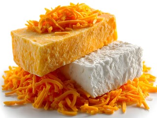 Two blocks of cheese, one orange cheddar with shredded pieces, rest attractively on a white background shot.