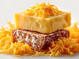 Two blocks of artisan cheese are stacked with shredded cheddar on a white background showcasing texture.