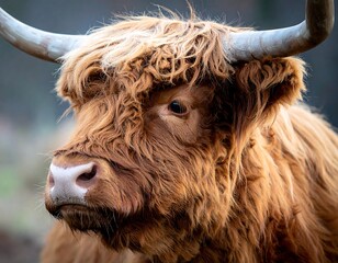 Close-up of Highland cow's head. Fluffy, reddish-brown coat