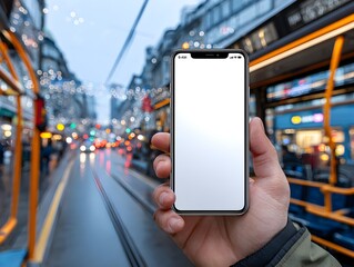 Man holds smartphone with blank screen in urban setting with blurred street and tram in background scene.