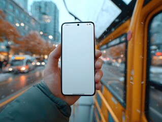 A person holds a blank smartphone screen inside a yellow vehicle with an urban cityscape in the background.