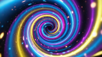 glowing spiral tunnel in shades of electric blue magenta and golden yellow draws into dark center Scattered bright particles illuminate the dynamic energetic vortex - Powered by Adobe