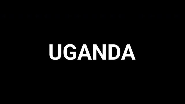 Abstract black and white animation reveals the word Uganda with dynamic transitions. 4k text animated video