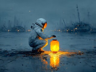 An astronaut crouching on a desolate, icy landscape holds a glowing lantern casting light on the ground.