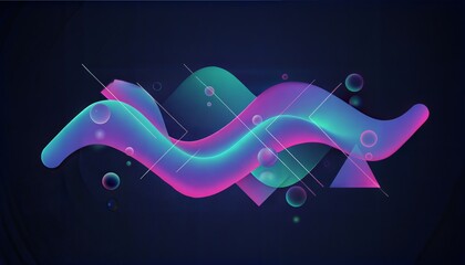 Abstract fluid wave with geometric shapes and bubbles on dark background