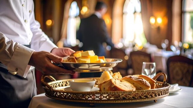 Waiter serving bread and butter in elegant dining room