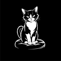 A monochrome illustration of a black and white cat sitting on a cushion, with an intense gaze.