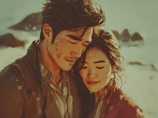 A loving Asian couple embraces tenderly at the beach, enjoying the beautiful sunlit coastal scenery together.