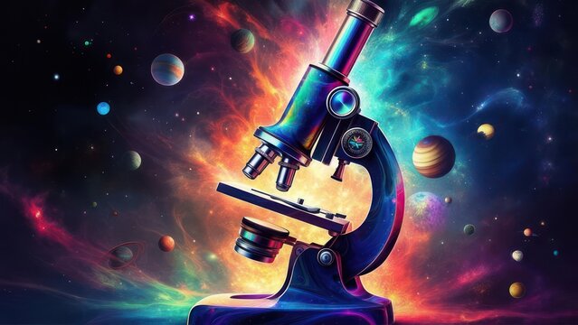 Explore the cosmos and unlock scientific wonders with this stunning, vibrant microscope set against a breathtaking nebula and planetary backdrop, igniting curiosity and discovery.