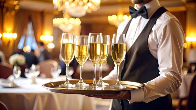 Waiter serving champagne in elegant restaurant
