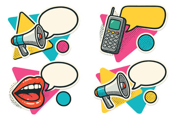Set of 90s vintage style collage banners. Pop art stickers with megaphone, old cell phone, mouth and blank speech bubbles for message. Retro communication concept halftone.