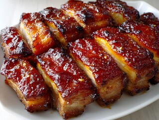 Delicious caramelized pork belly slices with sesame seeds are presented on a white plate for a delectable meal.