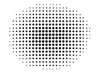 Abstract background with asymmetric halftone dots effect. Monochrome dotted texture for pop art or comic design. Polka dot pattern with radial gradient. Vector illustration.