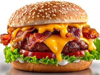 Delicious cheeseburger with bacon, lettuce, and tomato is ready to eat on a white background surface now.