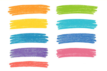 Set of colorful crayon brush strokes. Hand-drawn chalk pastel underline and highlight elements. Rough texture kid's doodle scribble for emphasis, accent, and design. Vector.