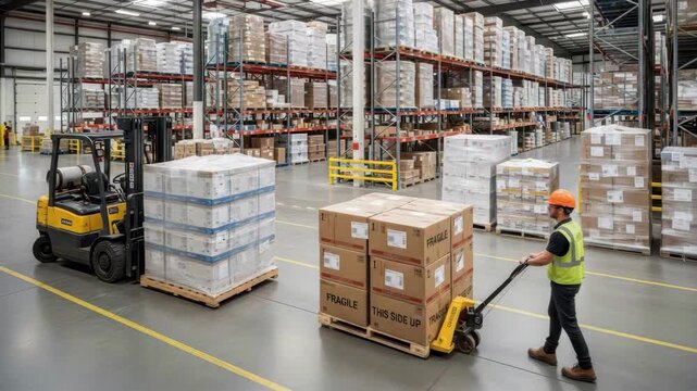 bustling industrial warehouse features yellow forklift moving wrapped pallet while worker in safety vest and hard hat uses pallet jack to transport cardboard boxes