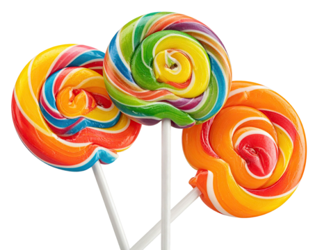 Three colorful, swirled lollipops on white sticks, set against a dark background