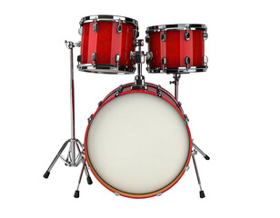 A three-drum kit stands with a bright red finish, chrome hardware, and white drumheads