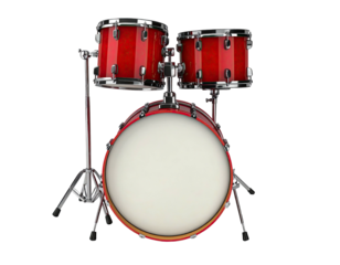 A three-drum kit stands with a bright red finish, chrome hardware, and white drumheads