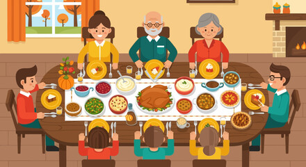 Big Family Thanksgiving Celebration Dinner Around Table with Food. Happy People Eating Meal and Talking Together, Cheerful Characters Group During Festive Lunch. Cartoon Flat Vector Illustration