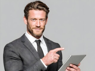 Successful entrepreneur in grey suit confidently points to digital tablet against neutral studio background.