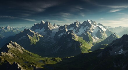 Majestic mountain range with snow capped peaks and lush green valleys