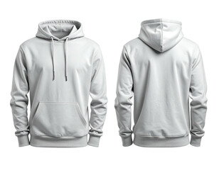 Front and back views of a clean white hoodie. Isolated on a black background
