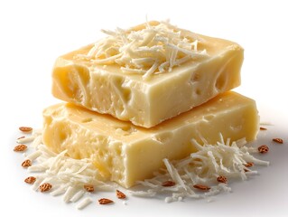 Two square blocks of cheese are stacked with shredded cheese and seeds around them on a white background.