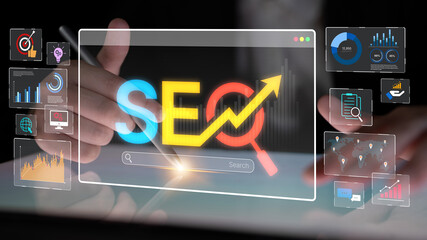 SEO concept for improving SEO visibility, with SEO related digital tools and SEO performance icons shown in an focused layout for strategic marketing. Spline