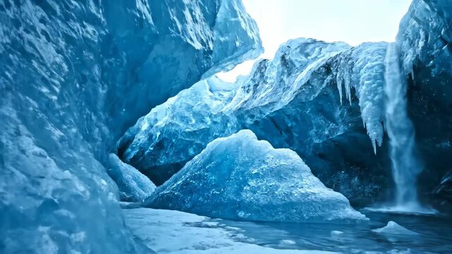 A slow push-in shot explores the intricate, shimmering blue ice formations inside a vast glacier cave, revealing stunning natural patterns discovery, arctic, slow push-in shot