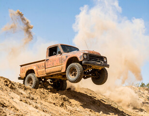 Fototapeta premium Dynamic vintage pickup truck launches off dirt ramp, kicking up a cloud of dust in a thrilling off road adventure under a bright blue sky.