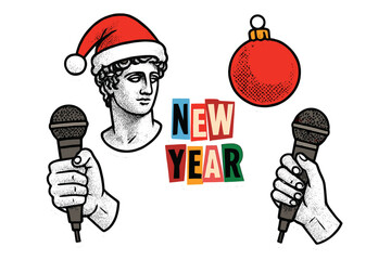 New Year karaoke party sticker set. Christmas collage elements in zine culture style. Halftone hand with microphone, ancient statue in Santa hat, xmas ball, magazine lettering.