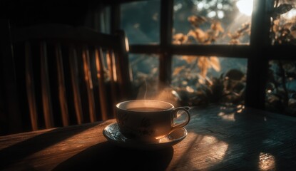 A steaming cup of coffee on a wooden table by a window.
