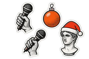 New year karaoke party sticker set. Christmas elements in dotted zine collage style. Halftone hands with microphones, ancient Greek statue in Santa hat, xmas tree ornament.