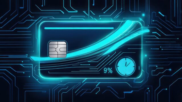 Dynamic digital credit card concept with glowing circuit board design, perfect for finance, banking, and secure online transactions