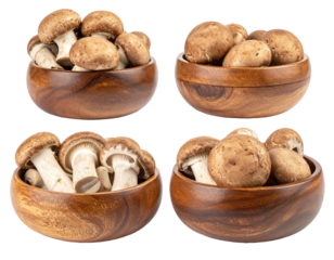 Four bowls of brown mushrooms, each with a different arrangement, on black