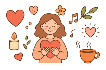 Self care vector icons set. Love yourself, slow life concept. Cute girl hugs heart. Mental health, wellbeing, relax illustration. Sticker pack with candle, music, flower, coffee.