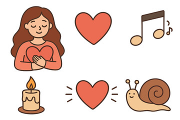 Self care icons and stickers collection. Love, relax, slow life concept. Cute girl holding heart, music note, candle, snail. Mental health and wellbeing vector flat elements.