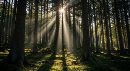 Fototapeta premium Sunburst Through Dense Forest Canopy Illuminating Mossy Ground Cover