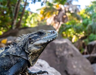 Close-up of iguana on rocks in jungle