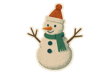 Cute Vintage Snowman with Scarf and Hat, Christmas Torn Paper Sticker in Naive Halftone Collage Style, Cartoon Clay Toy Illustration, Winter Holiday Vector Design Transparent Background
