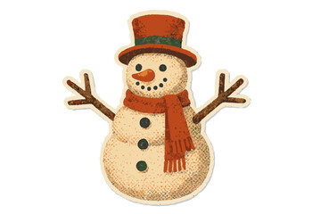 Vintage cartoon snowman with orange scarf and top hat, torn paper sticker style, naive halftone collage, Christmas winter decoration vector illustration, transparent background