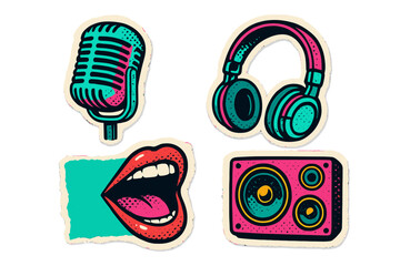 Trendy music karaoke halftone collage with torn paper elements featuring retro microphones, colorful headphones, singing mouths, and vintage grunge speaker stickers in bold vector illustration