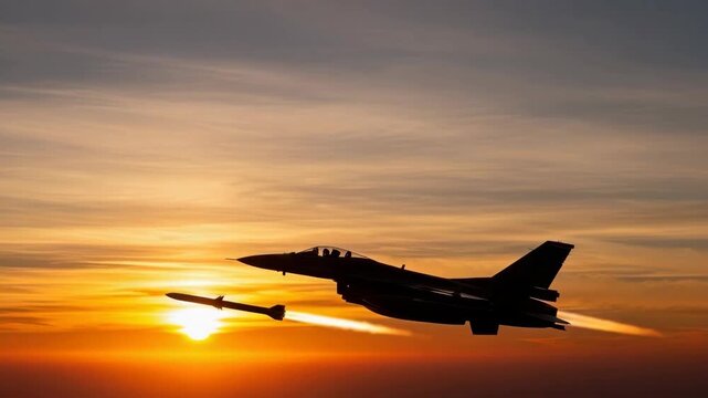 fighter jet silhouette soars against vibrant sunset launching missile with fiery plume The bright sun illuminates the orange and blue-streaked sky capturing dynamic moment of flight