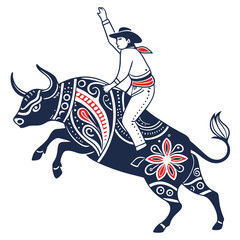Traditional mexican rodeo cowboy riding a bull decorated with folk art patterns and floral motifs