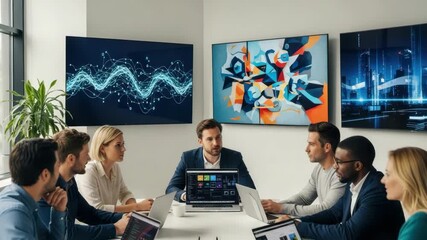 diverse team of professionals in modern meeting room collaborating around table with laptops Multiple large screens display data abstract art and cityscapes - Powered by Adobe