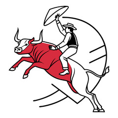 Stylized illustration of a bull rider in a hat and vest holding a hat above his head while riding a red and white bull