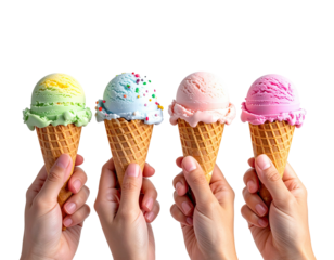 Four hands hold vibrant ice cream cones against a black backdrop